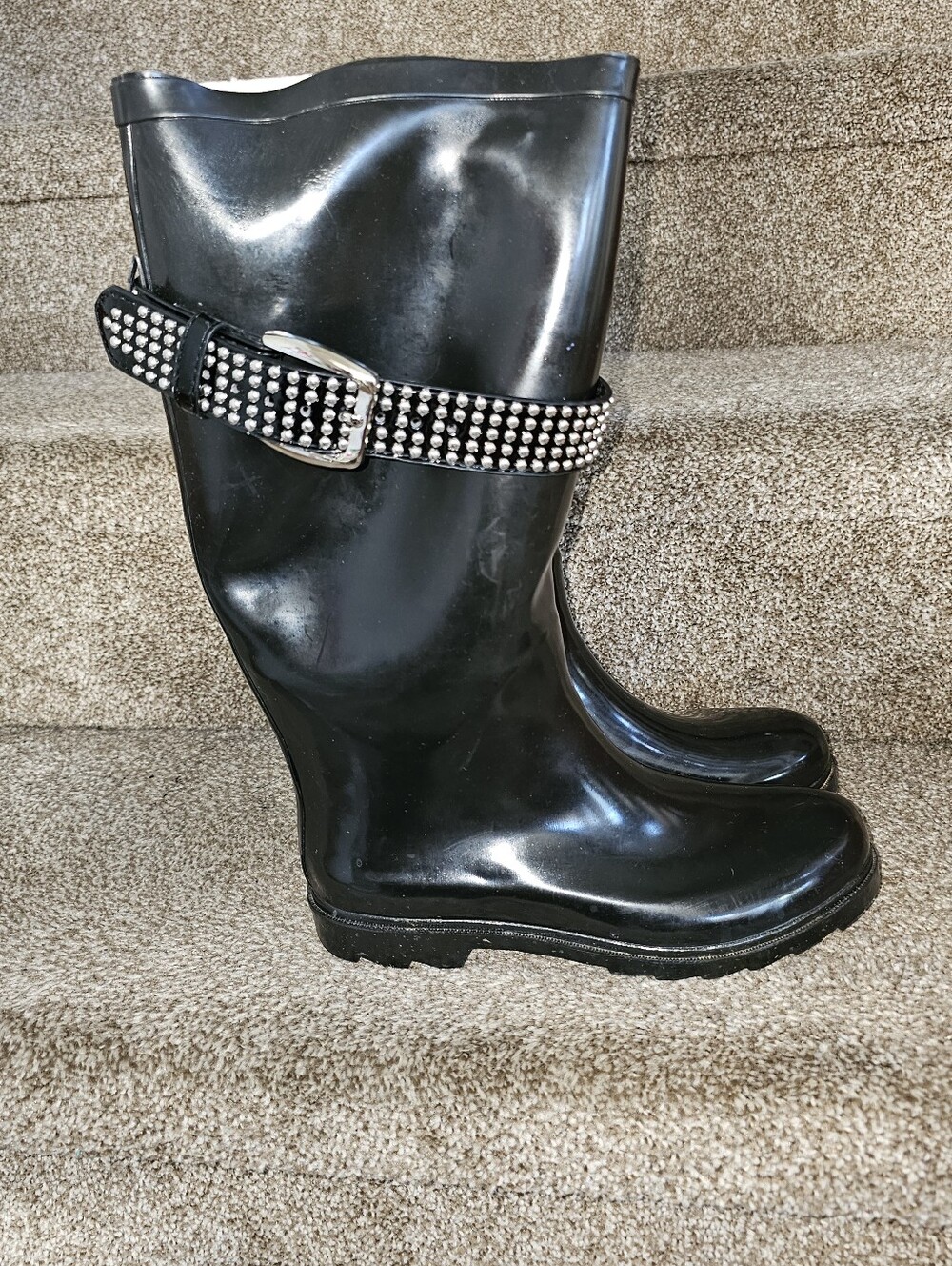 BAMBOO Black Studded Buckle Rain Boots